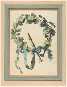 Rysunek, trofeum z fletem, bluszczem i niebieską wstążką, 1780-90 autorstwa Antoine Berjon