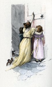 Józefina de Beauharnais płacząca z dziećmi Hortensją i Eugeniuszem przy drzwiach pokoju Napoleona Bonaparte (1769-1821) odmawiająca otwarcia go po poznaniu pozamałżeńskich przygód podczas jego pobytu w Egipcie