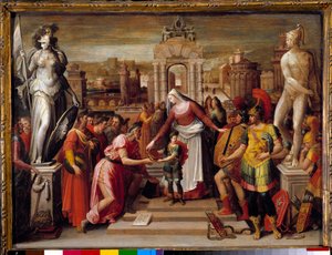 Historia królowej Artemise Iere z Halicarnasse: „”Przekazanie księgi i szpada”” Obraz Antoine Caron (1521-1599) XVI-wieczne słońce. 0,51x0,67 m Beauvais, Musee departemental de l