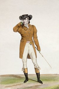 Dandy ubrany w kapelusz w kształcie łódki, marynarkę w kolorze brunatnym i bryczesy z koźlej skóry, płyta 1 z serii modnych tablic „Incroyable et merveilleuses”, grawerowana przez Georgesa Jacquesa Gatine