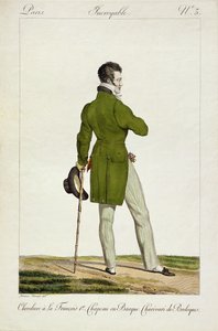 Dandy z fryzurą „Francois I” i kolekcją wdzięków i bibelotów, płyta 3 z serii modnych talerzy „Incroyable et merveilleuses”, grawerowana przez pub Georges Jacques Gatine (1773-1831) autorstwa Antoine Charles Horace Vernet