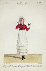 Dama w lewantyńskim kapeluszu, rozkloszowanej spódnicy i aksamitnym żakiecie, tablica 6 z serii "Incroyable et merveilleuse", rytowana przez Georges Jacques Gatine (1773-1831), opublikowana w 1797 roku w autorstwa Antoine Charles Horace Vernet