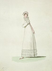 Elegancka kobieta w sukience plenerowej, ilustracja z „Incroyables et Merveilleuses” autorstwa Antoine Charles Horace Vernet