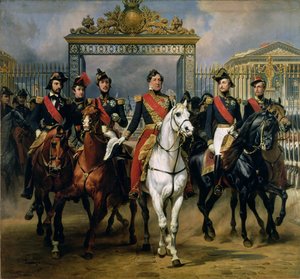 Król Francji Ludwik Filip (1773-1850) i jego synowie opuszczający zamek w Wersalu na koniu, 1846