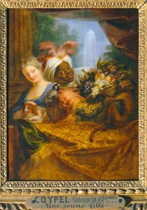Młoda czarna dziewczyna trzymająca kosz owoców i młoda dziewczyna pieszcząca psa - Jeune noir tenant une corbeille de fruits et jeune fille caressant un chien ... autorstwa Antoine Coypel