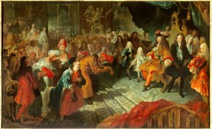 Król Ludwik XIV (1638-1715) przyjmuje Ambasadora Nadzwyczajnego Persji Mehemet Reza Bey (Raza-Bey) w galerii lodów w Wersalu 19.02.1715 Obraz przypisywany Antoine Coypel (1661-1722) Nd. 0,7x1,5m²