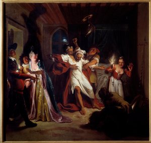 Śpiący Don Kichot walczy ze skórkami. „Genialny dżentelmen Don Kichot z La Manchy” Miguela de Cervantesa Saavedra (1547-1616). Obraz Charlesa Antoine