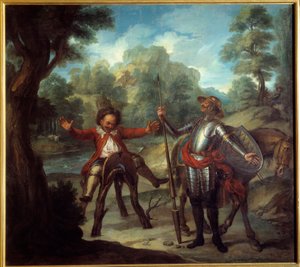 Historia Don Kichota: Sancho budzi się i desperacko stara się nie znaleźć swojego ukochanego Grisona. „Genialny dżentelmen Don Kichot z La Manchy” Miguela de Cervantesa Saavedra (1547-1616). Obraz Charlesa Antoine
