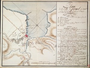 Okolice Jacmel, używane do wskazania linii i pozycji zajmowanych podczas blokady oraz baterii utworzonych w celu budowy oblężonej obrony. autorstwa Antoine François Sorrel des Rivieres