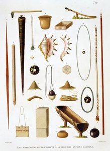 Przybory gospodarstwa domowego i broń z Marianów, z Voyage autour du Monde (1817-20), Louis Claude De Saulces de Freycinet (1779-1842) rytowane przez Jean Louis Denis Coutant (1776-1831), s. autorstwa Antoine Germain Bevalet