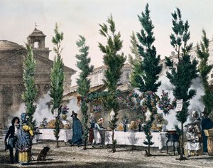 Frytownice w Panteonie podczas święta św. Józefa, grawerowane przez Antoine Jean-Baptiste Thomas (1791-1834) z Un an a Rome et dans ses environs (Rok w Rzymie i okolicach), Francja autorstwa Antoine Jean Baptiste Thomas
