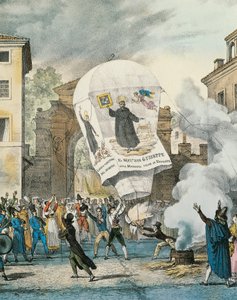 Balon na ogrzane powietrze na Dzień San Giuseppe w Rzymie, Antoine-Jean-Baptiste Thomas (1791-1833), druk. Szczegół. Włochy autorstwa Antoine Jean Baptiste Thomas