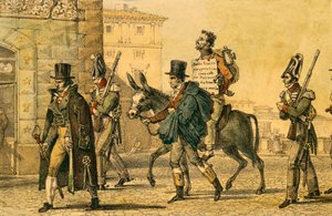 Kara polegająca na przeprowadzeniu przez ulicę na osiołku, litografia Jean-Baptiste-Antoine