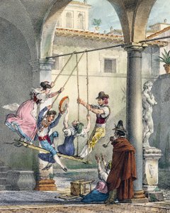 Huśtawka, rycina Antoine Jean-Baptiste Thomas (1791-1834) z Un an a Rome et dans ses environs (Rok w Rzymie i okolicach), Francja