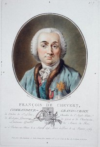 Francois de Chevert (1695-1769) z „Portrety wielkich mężczyzn, znamienitych kobiet i pamiętnych poddanych Francji”, grawerowane przez Ride, opublikowane 1787-92 (kolor lito)