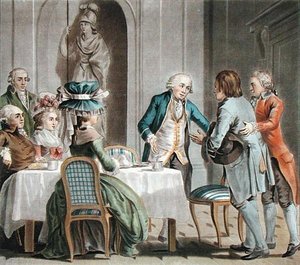 Hrabia de Vaux (1705-88) oferuje jedzenie i picie rolnikowi, grawerowane przez Jeana Baptiste Morreta (fl.1790-1820)