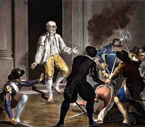 Śmierć Gasparda de Coligny, ryt. Jean Baptiste Morret (fl.1790-1820) 1788 (ryc. kolorowy)