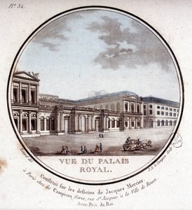 Widok na Pałac Królewski w Paryżu – w „”Malownicze widoki głównych budynków Paryża”” Sierżanta autorstwa Antoine Louis Francois Sergent Marceau