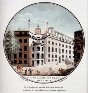 Widok na dom Monsieur de La Haye na rogu Rue Caumartin w Paryżu, zbudowany według rysunków architekta Auberta. W pittoresque widoki głównych budynków Paryża autorstwa sierżanta autorstwa Antoine Louis Francois Sergent-Marceau