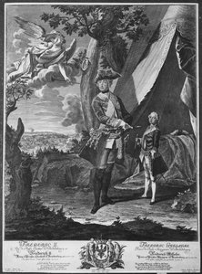Fryderyk II (1712-86) i jego bratanek Fryderyk Wilhelm II (1744-97), rycina Johanna Probsta (1673-1750) autorstwa Antoine Pesne