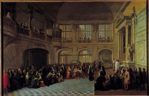Król Ludwik XIV odbiera przysięgę od markiza de Dangeau, wielkiego mistrza zjednoczonych zakonów Notre Dame du Mont Carmel i św. Łazarza, w kaplicy pałacu wersalskiego, w dniu 18.12.1695. Filip de Courcillon, markiz de Dangeau (1638-172 .) autorstwa Antoine Pezey