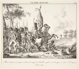 Menier (Hussar) sam rzuca się w szeregi angielskiego batalionu, zabija chorążego i zdobywa flagę (Druten, 1795)