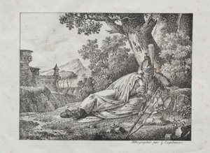 Zbiór esejów litograficznych: Dymiący smok leży u podnóża drzewa, 1822.