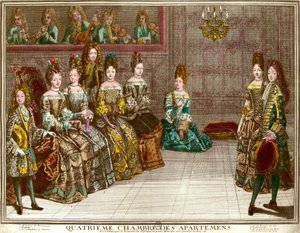 Taniec w czwartej sypialni apartamentów rodziny Ludwika XIV (1638-1715) wieczorami w mieszkaniu w Wersalu około 1696 roku: książę Chartres tańczy menuet z Mademoiselle w obecności księżnej Maine, księcia B