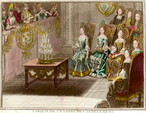 Sesja muzyczna w piątej sypialni rodzinnych apartamentów Ludwika XIV (1638-1715) wieczorami w mieszkaniu w Wersalu około 1694 Grawerowanie Antoine Trouvaina (1656-1708) 1694 ok. 1694. Prywatna kolekcja