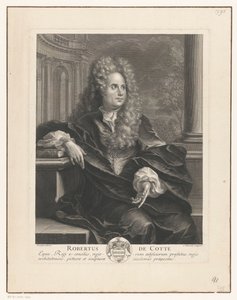Portret Roberta de Cotte wspartego na książce w architekturze klasycznej Robert De Cotte (tytuł na obiekcie)