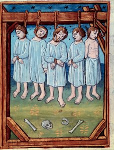 Powieszono pięciu mężczyzn. Miniatura w „kronikach Saint Denis” Paryż, Antoine Verard