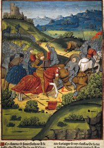 Lancelot w bitwie - VERARD, Antoine (XV w.). angielski wydawca i księgarz; LANCELOT (VI w.). Rycerz dworu króla Artura. Lancelot w bitwie. Ilustracja „Lancelot du Lac” autorstwa Antoine