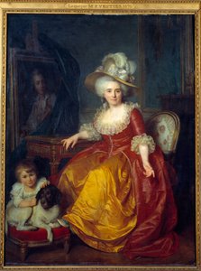 Portret u stóp Madame Vestier (1740-1831) z dzieckiem u jego stóp szczypiącym ucho psa Obraz Antoine Vestier (1740-1824) 1787 nd. 1,76x1,34 m²