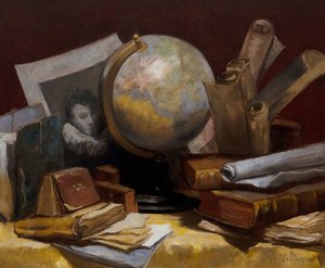 Martwa natura z mapą świata, książkami i pergaminami autorstwa Antoine Vollon