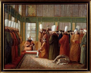 Imperium Osmańskie: „” Przyjęcie przez wielkiego wezyra ambasadora Francji w służbie króla Ludwika XVI w Turcji”” Obraz Antoine de Favray (1706-1791) XVIII-wieczna Marsylia, Musee de la Marine - Imperium Osmańskie: Recepcja ambasador Francji