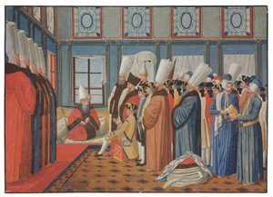 Przedstawienie hrabiego de Vergennes, ambasadora Ludwika XV, Reisowi Effendiemu, wielkiemu wezyrowi u osmańskiego sułtana „Uthmana III” w dniu 31 maja 1755 r. autorstwa Antoine de Favray