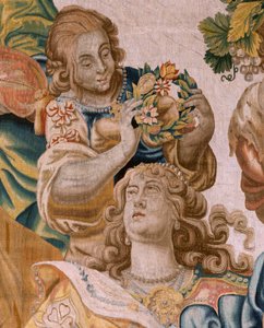 Flamandzki gobelin. Seria Historia Tezeusza. Bachus bierze Ariadnę za żonę (Baco toma a Ariadna por esposa). Dziewiąty gobelin w serii. Model Antonisa Sallaerta. Manufaktura Jan Raes Młodszy, Bruksela. ok. 1630 r.; Tkanina Jedwab i wełna. Rozmiar 392 x 45