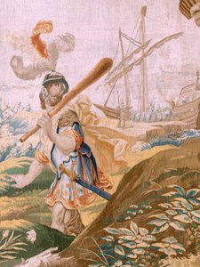 Flamandzki gobelin. Seria Historia Tezeusza. Tezeusz porzuca Ariadnę na wyspie Naxos (Teseo bounda a Ariadna en la Isla de Naxos). Ósmy gobelin z serii. Model Antonisa Sallaerta. Manufaktura Jan Raes Młodszy, Bruksela. ok. 1630. Tkanina S