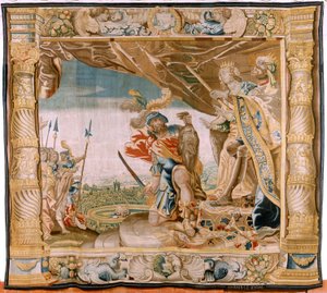 Flamandzki gobelin. Seria Historia Tezeusza. Tezeusz przedstawia głowę Minotaura królowi i królowej Krety (Teseo presenta a los Reyes de Creta la cabeza del Minotauro). Siódmy gobelin w serii. Model Antonisa Sallaerta. Produkcja Jan Raes