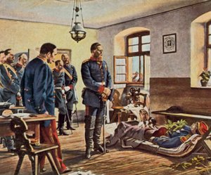 Książę koronny Fryderyk Wilhelm przy ciele generała Douaya, 4 sierpnia 1870 r. (wzmocniona kolorowa litografia)