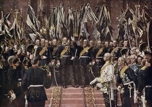 Król Prus Wilhelm I ogłosił cesarzem zjednoczonych Niemiec, Wersalu, Francji