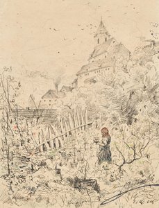 Wieśniaczka w ogrodzie, za kościołem i wioską autorstwa Anton Brioschi