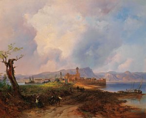 Niemcy: widok na Castell Sermio na wyspie Sermione na jeziorze Garda autorstwa Anton Hansch