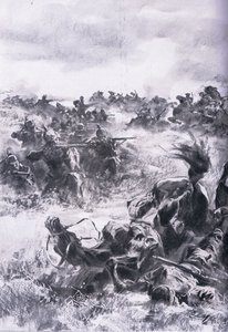 Klęska 14. Brygady Kawalerii Rosyjskiej pod Praszyszem, z Ilustrowanej Historii Wojny Światowej 1914-1915 wyd. przez Union Berlagsefellfchaft autorstwa Anton Hoffman