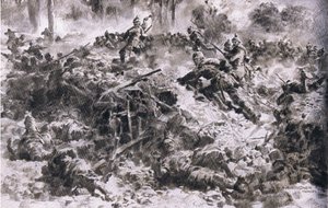Grenadierzy króla Wirtembergii przedzierając się przez wrogie lokacje w Argonnes, z Ilustrowanej Historii Wojny Światowej 1914-1915 wyd. przez Union Berlagsefellfchaft autorstwa Anton Hoffman