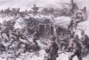 Klęska Korpusu Grenadierów Moskiewskich przez wojska śląskie, pruskie i cesarsko-niemieckie, z Ilustrowanej Historii Wojny Światowej 1914-1915 wyd. przez Union Berlagsefellfchaft autorstwa Anton Hoffman