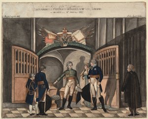 W pobliżu prochów Fryderyka Wielkiego. Car Aleksander I, król Fryderyk Wilhelm III i Ludwika Pr autorstwa Anton Ignaz Vogel