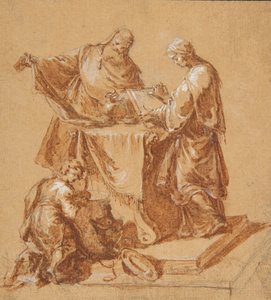 Arcykapłan, prorokini Anna i klęczący chłopiec przy stole, 1745.
