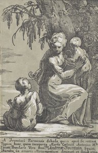 Kobieta stojąca u stóp drzewa trzymająca niemowlę z siedzącym chłopcem, 1724.