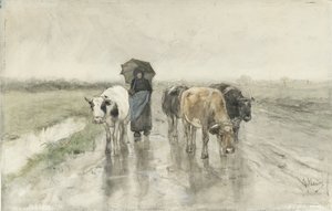 Pasterz z krowami na wiejskiej drodze w deszczu Żona rolnika z krowami na wiejskiej drodze w deszczu autorstwa Anton Mauve